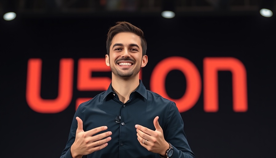 Presentation on future technology by smiling speaker with logo.
