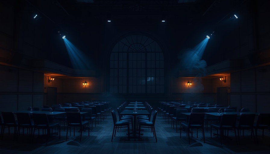 Dimly lit stage with chairs under spotlights.