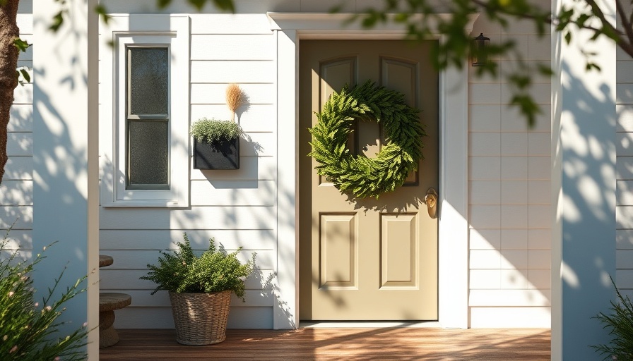 Charming beach house entrance with olive green door in Santa Rosa.