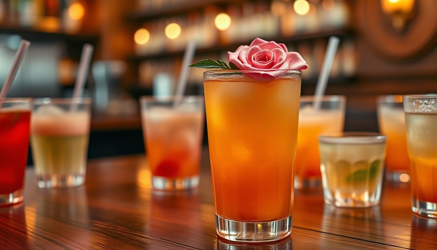 Nashville Bartender Bash cocktail with rose on wooden table.