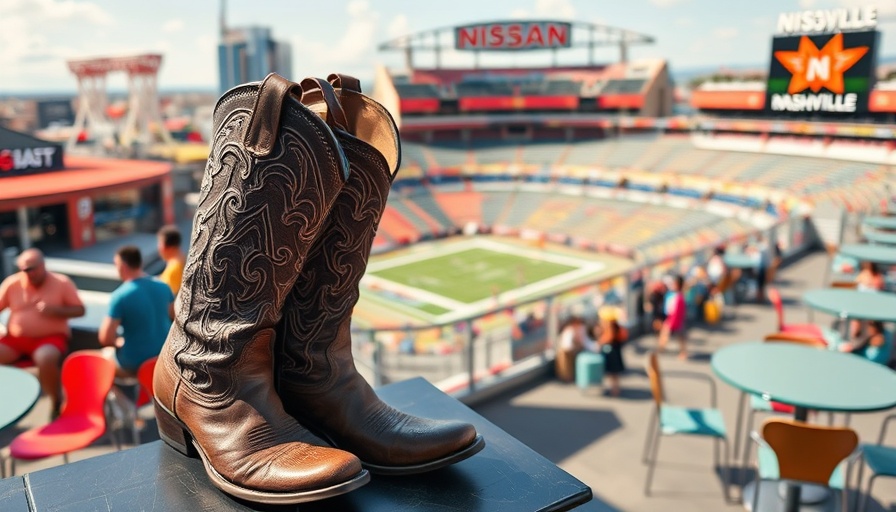 Lively rooftop bar with oversized cowboy boots overlooking Nashville stadium.