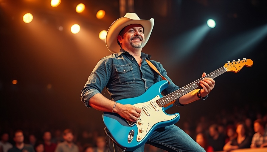 Country musician performing energetically with blue guitar at a night concert, Brad Paisley Canadian Tour Dates.