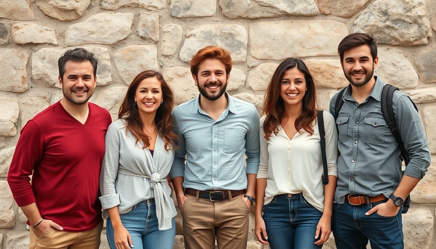 Group of five people smiling in casual attire in front of stone wall.