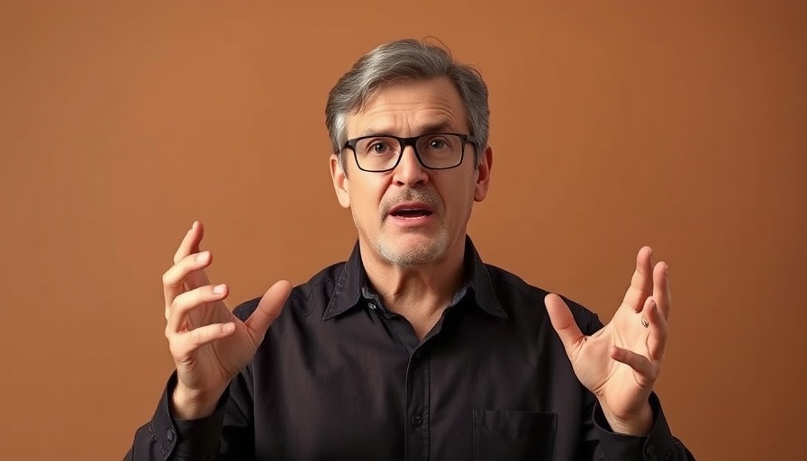 Middle-aged man speaking passionately against a brown background.