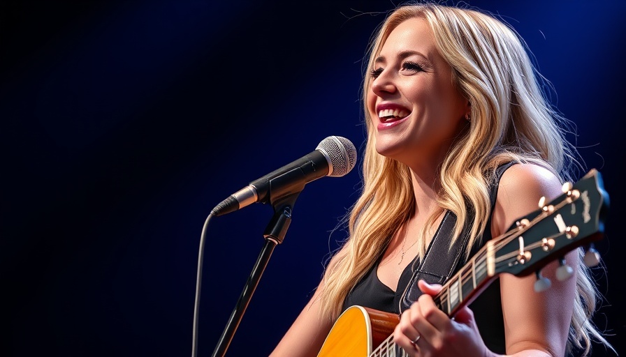 Blonde singer performing in Nashville with glittering guitar.