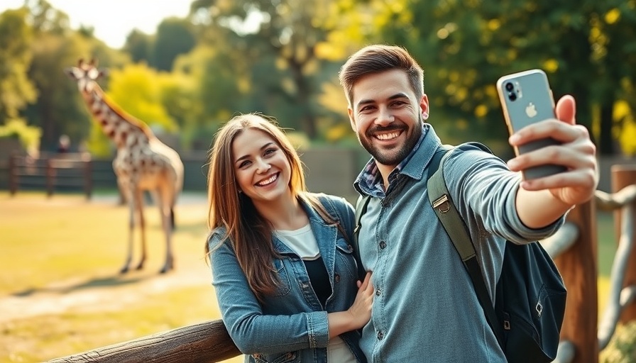 Young couple taking a selfie at Nashville Zoo, giraffe in background.
