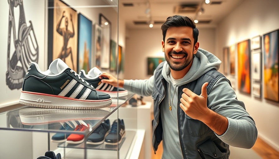 Joyful man at Nashville art gallery event with sneaker display.