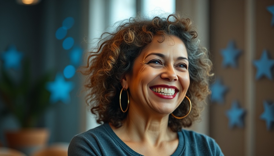 Smiling woman with curly hair at Soundwaves Gallery event.