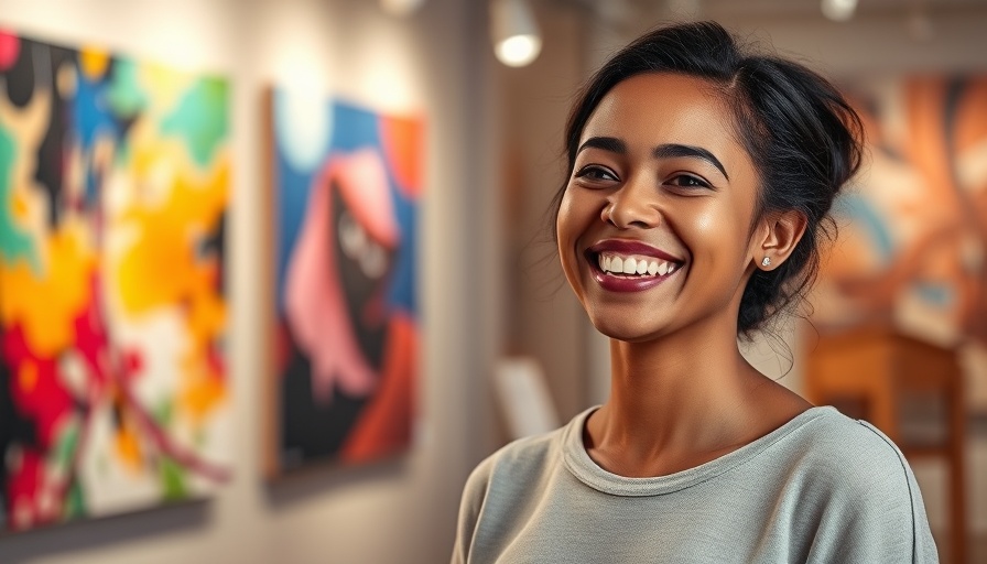 Smiling woman at 2025 Soundwaves Gallery in Nashville with art background