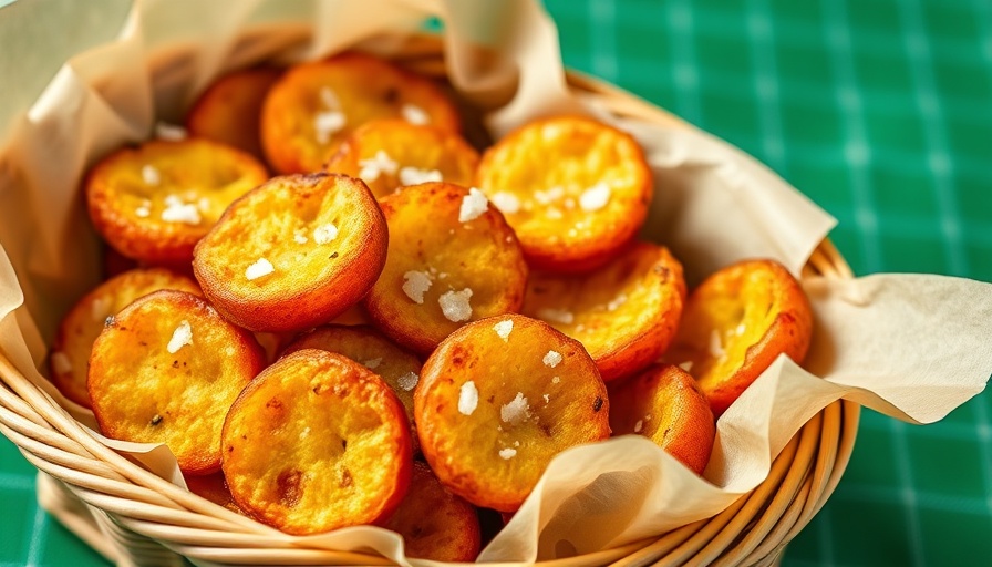 Crispy golden tostones with sea salt on a green checkered cloth, Tostones recipe Nashville.