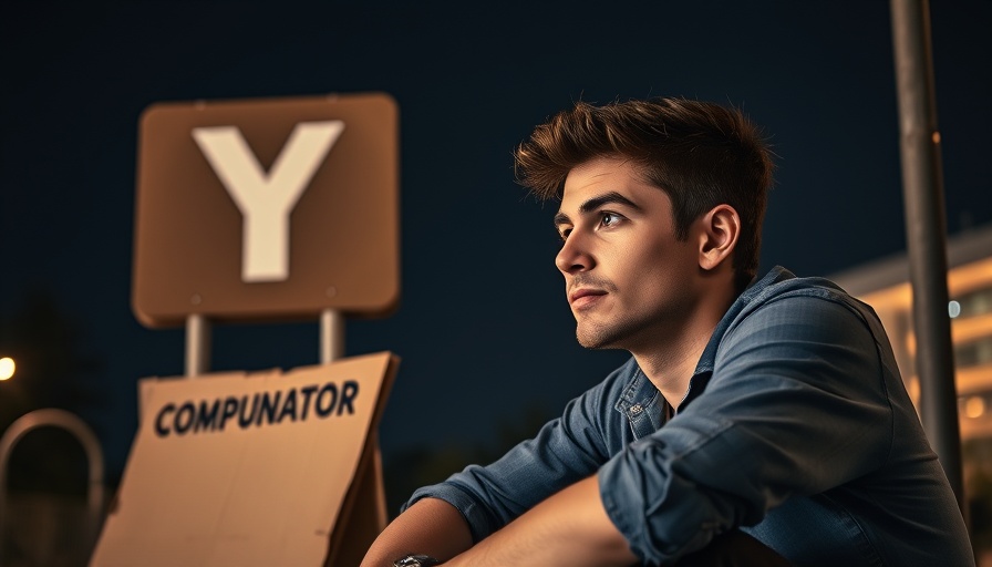 Young man contemplating disruptive innovations near Y Combinator sign.