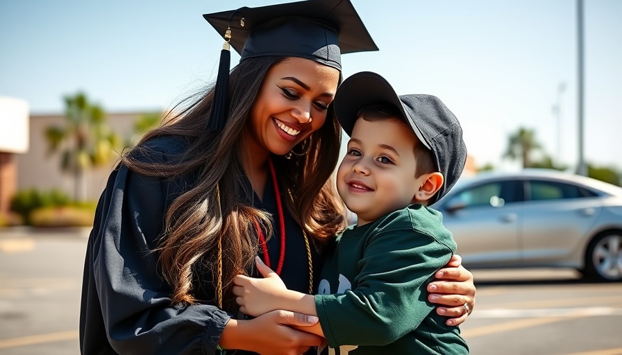 Woman in graduation gown hugging smiling young boy outdoors.
