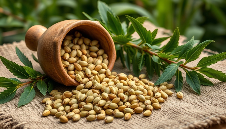 Hemp seeds and capsules on burlap with greenery.