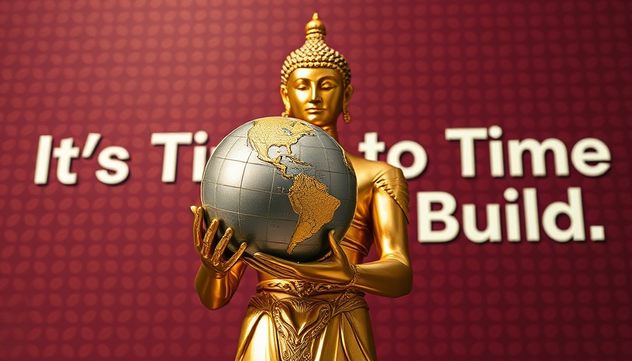 Statue with globe and 'It's Time to Build' text on maroon background.
