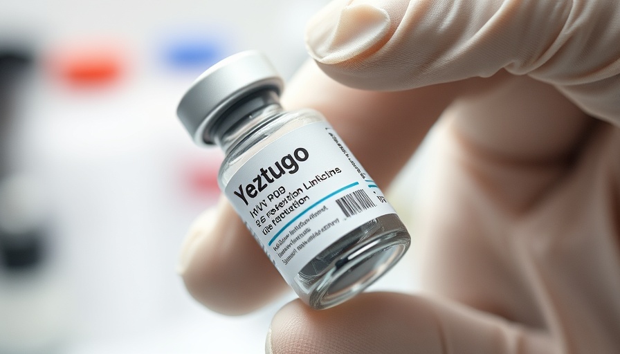 Yeztugo HIV prevention injection vial held by gloved hand.