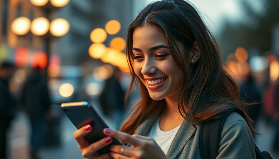 Young woman using AI girlfriend chatbots for language learning on her phone.