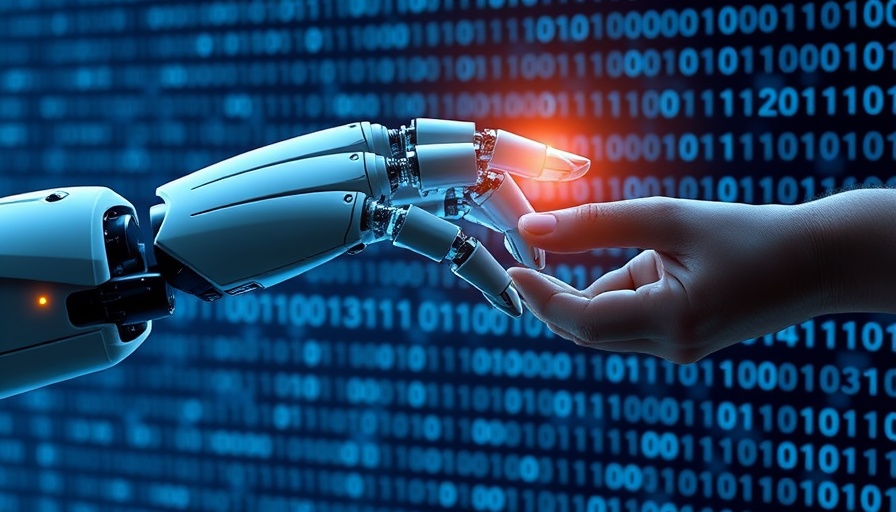 Robotic and human hands connecting, futuristic AI concept.