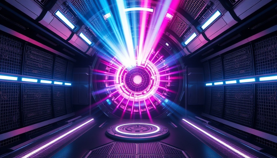 Futuristic fusion reactor with glowing energy beams.