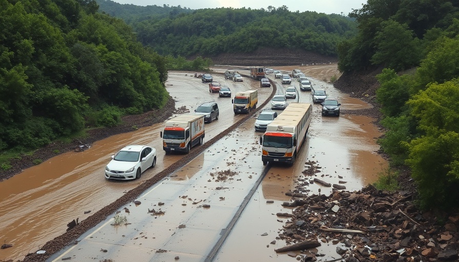 Flooded highway scene with vehicles stranded after heavy rainfall and rockslides.