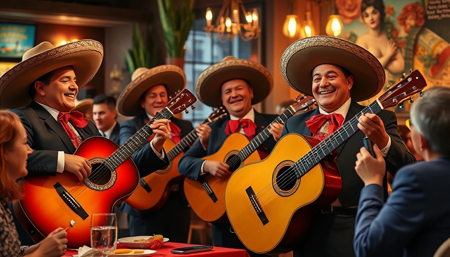 Live mariachi band performing in a Miami restaurant, vibrant setting.