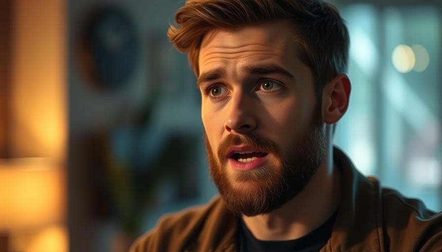 Young man discussing AI video production in warm-lit setting.