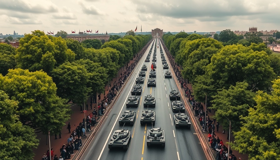 Military parade with tanks in a structured formation on a tree-lined street