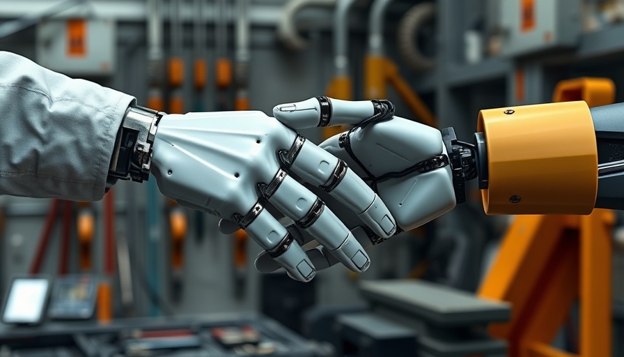 Future of robotics: Human and robotic hand shaking indoors.