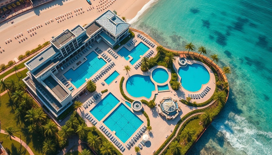 Miami luxury pools day passes: Aerial view of beachside hotel.