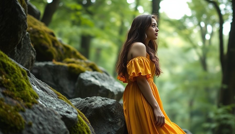 Noah Cyrus in a mustard dress, forest setting - new country music theme.