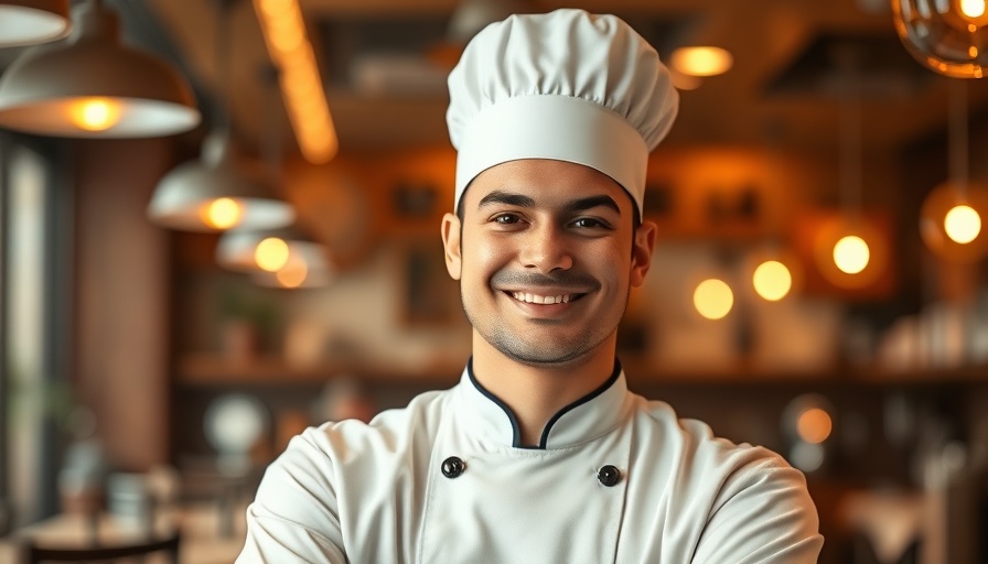 Young chef standing confidently in a warm restaurant setting