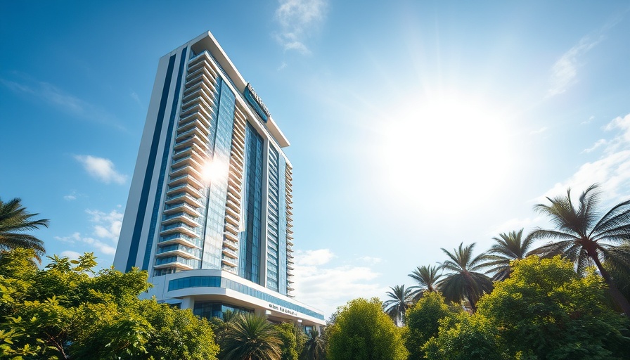 Modern hotel architecture against a blue sky, shining in sunlight