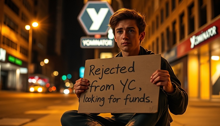 Young person holding sign in front of Y Combinator at night.