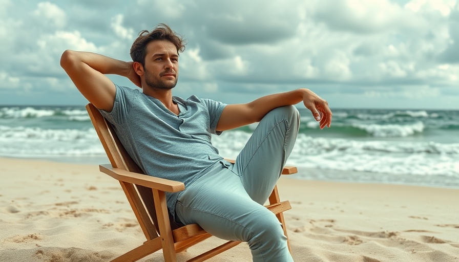 Casual man on beach chair, relaxed by the sea, capturing HEART LIFE MUSIC vibe.