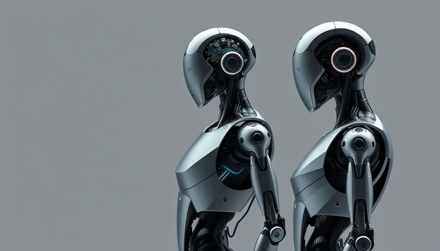 Humanoid robots contemplating evolution of AI voices on a neutral backdrop.