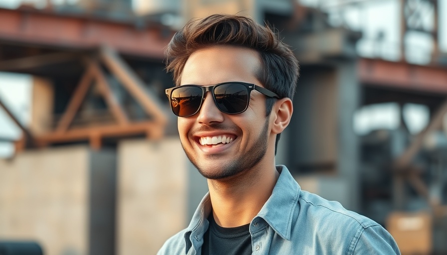 Casual man in sunglasses smiling outdoors, industrial background.