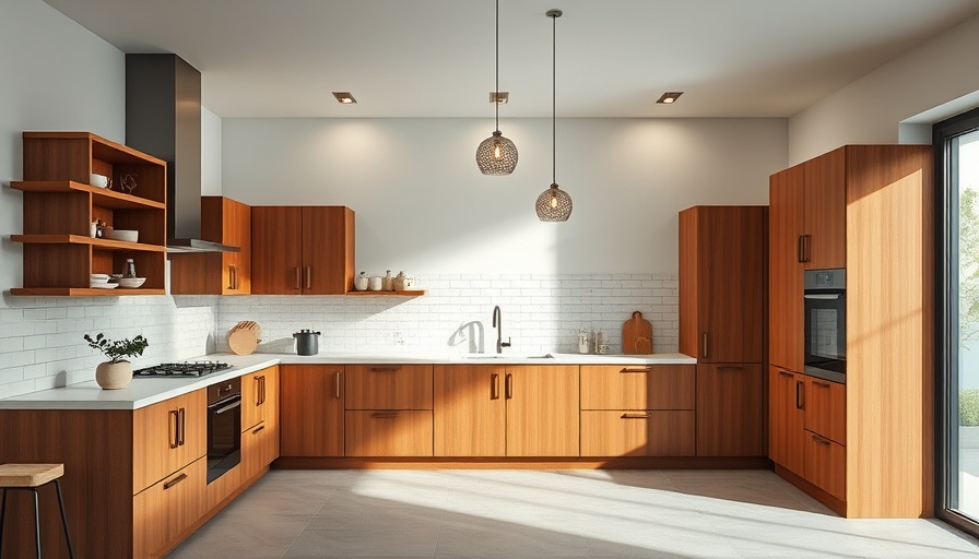 Stylish kitchen with wooden cabinets and elegant lighting.