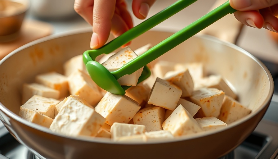 Tofu slices being cooked in a pan for chili crisp tofu recipes.