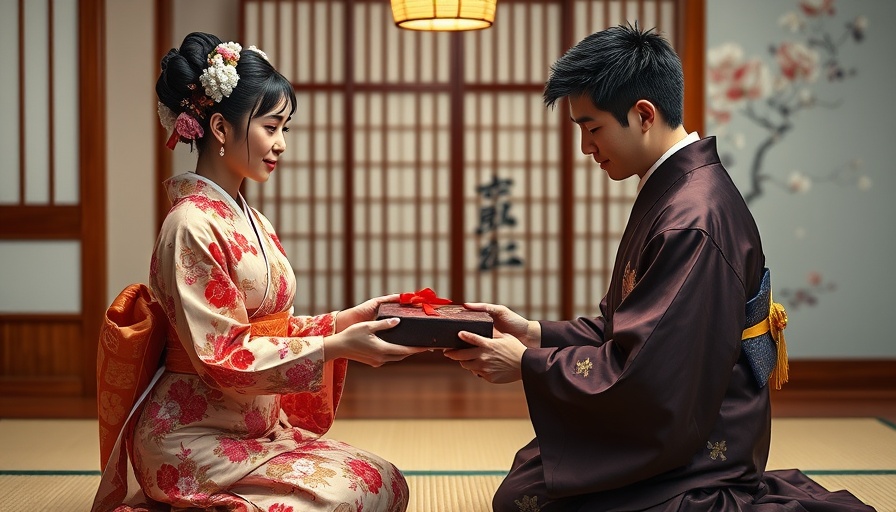 Traditional Japanese Yui-No wedding ceremony with couple in kimono.