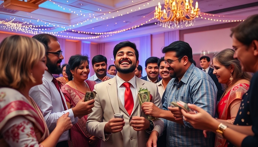 Celebratory scene of Brazilian Tie Hour Tradition at a wedding.