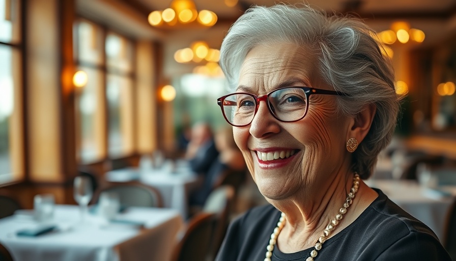 Elegant elderly woman dining out vibrant life in Las Vegas.