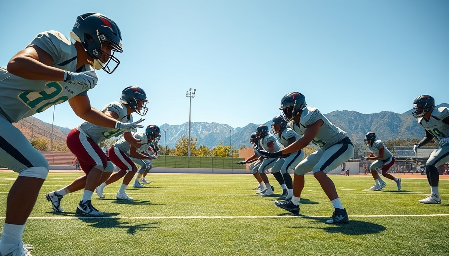 Football players practicing blocking drill on a sunny field with mountains.