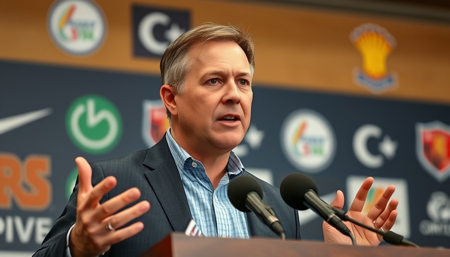 Middle-aged man speaking at a press conference for Houston Texans news.