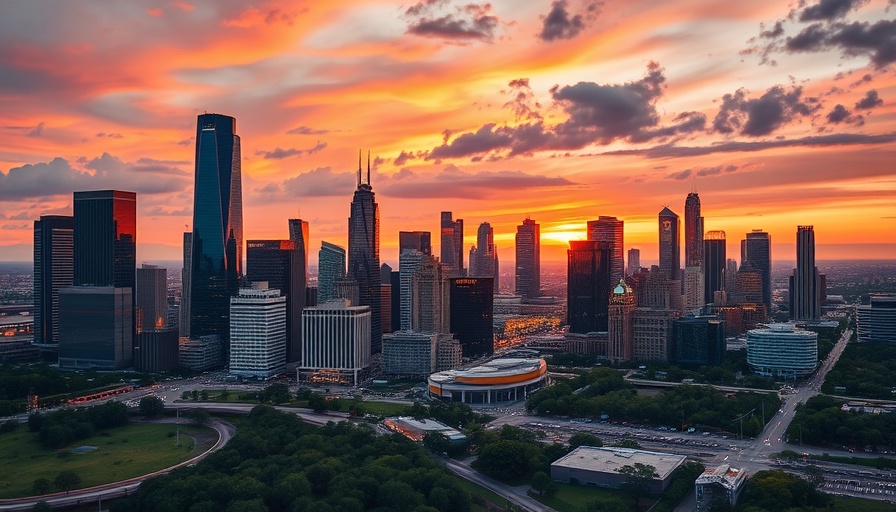 Sunset view of Houston skyline symbolizing corporate relocations.