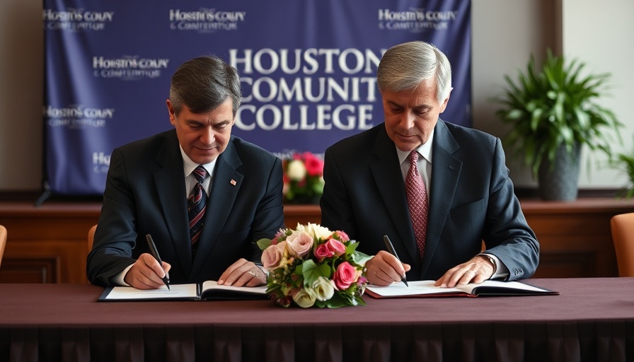 Houston Community College ceremony with two people signing documents.