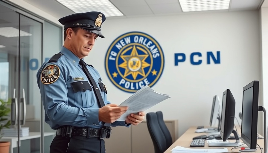 Police officer in New Orleans reviewing report in office.