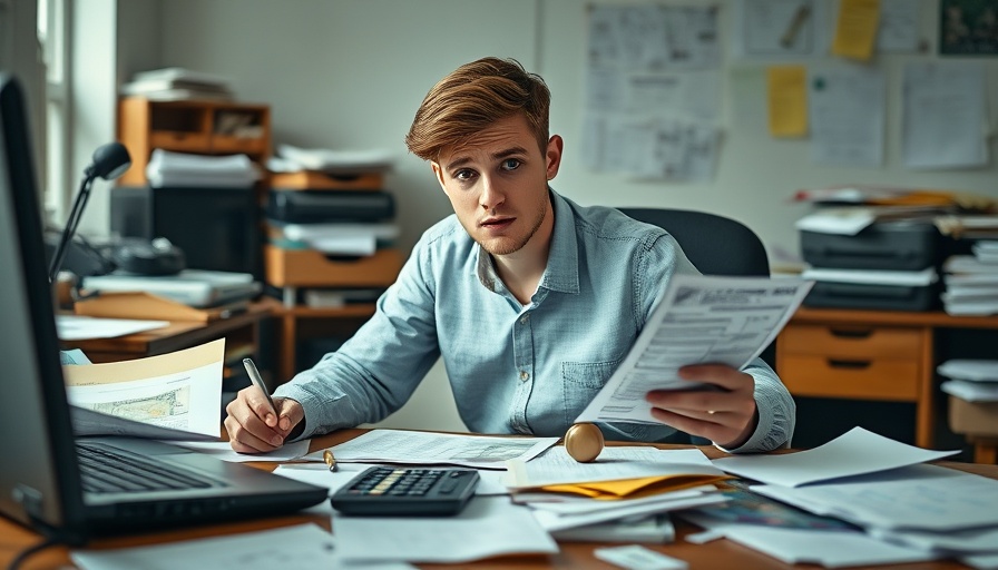 Person worried about debt at cluttered desk, highlighting student loan delinquencies.