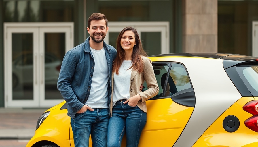 Couple smiling beside a yellow car at Swatch x OMEGA MoonSwatch Tour.