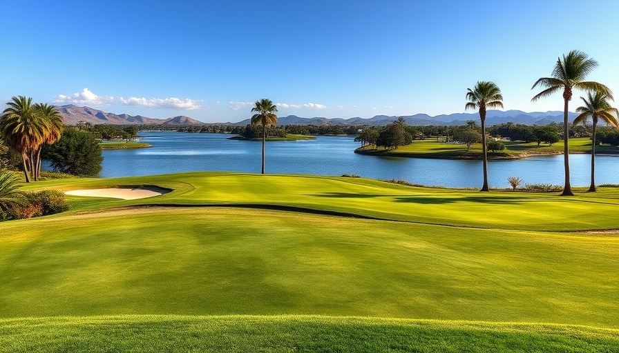 Scenic golf course at a Mexico resort with water and palm trees.