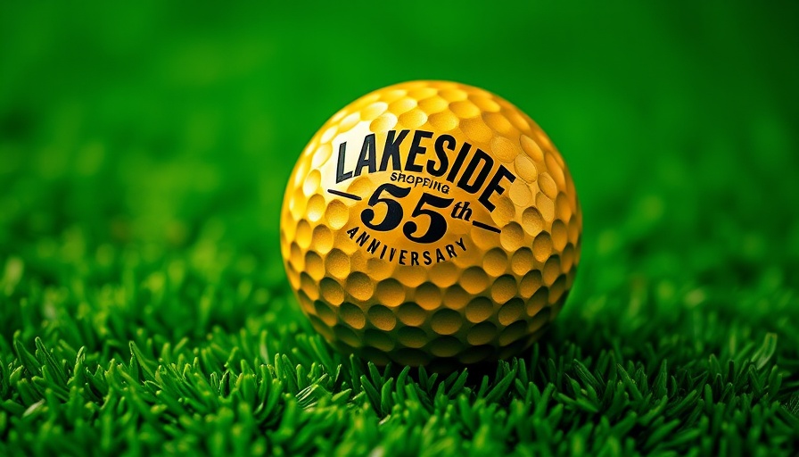 Golden golf ball with Lakeside Shopping Center 65th anniversary logo on green
