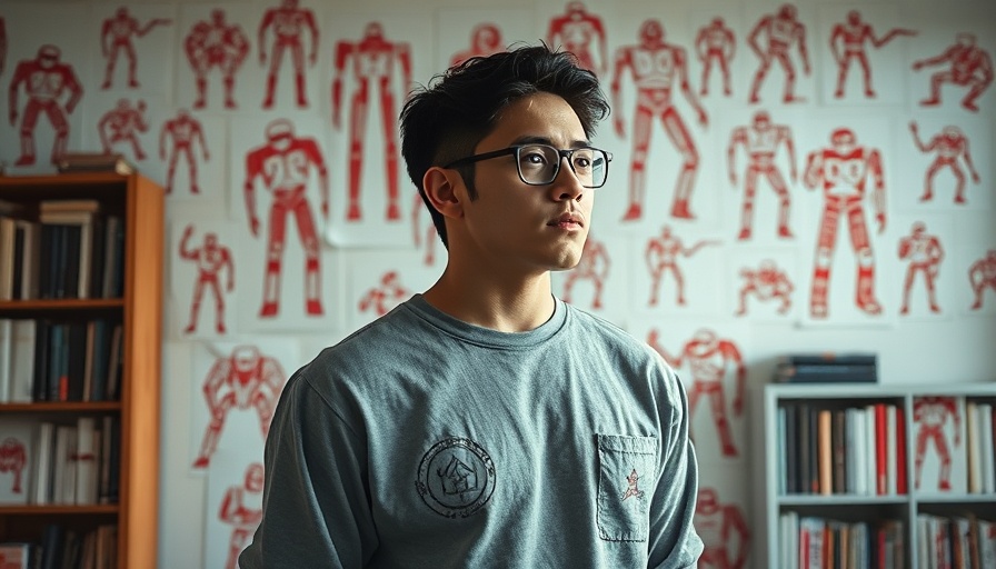 Contemplative individual beside robot sketches, grayscale with red accents